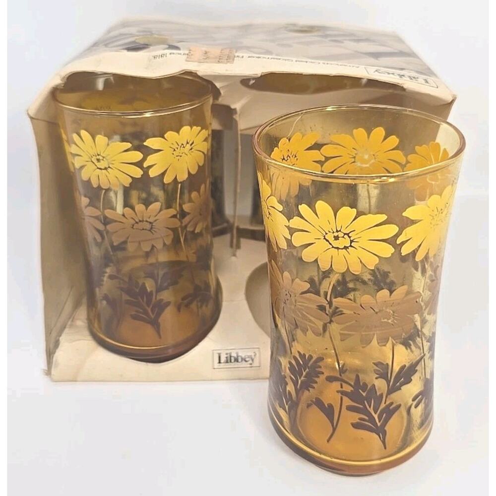 4 VTG Libbey Brown Daisy 5.5" Glasses Floral Pattern Retro MCM Box 1 U83